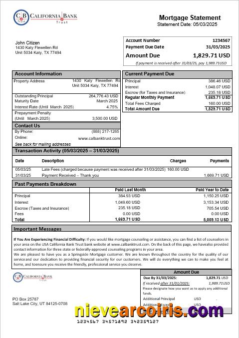 USA California Bank Trust bank mortgage statement